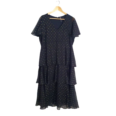 TS Taking Shape Size 16 Black Gold Flocked Swiss Dot Short Sleeve Tiered Dress - image 1 of 4