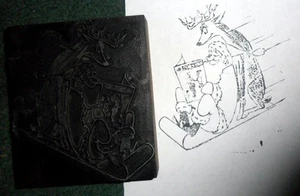 Vintage Printers Block Santa Claus & Reindeer Reading THE INDEPENDENT! 4 X 4.5" - Picture 1 of 1