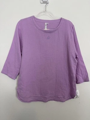 Lulu-B Shirt Womens Medium Purple Cotton Gauze 3/4 Sleeve Crewneck GTN5209 - Image 1 of 4