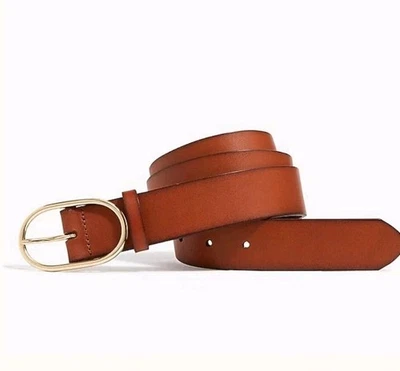 J. CREW Factory Belt M/L Brown Leather Gold Tone Oval Buckle Style - Image 1 of 4