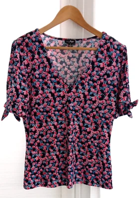 Pour Moi Floral Top Women's Pink Short Bow Sleeve V Neck Stretch Jersey Size 12 - Image 1 of 4
