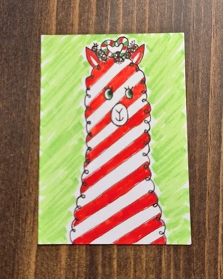 Pintura acuarela dibujos animados de alpaca bastón de caramelo original ACEO Foto 1 de 3