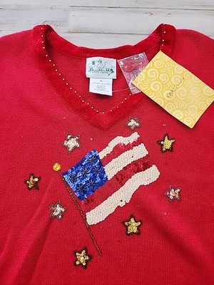 NEW The Quacker Factory Sweater XL American Flag Patriotic 4th Of July Red Beads - Image 1 of 4