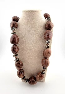 Earth tone jasper Stone beaded necklace with silver tone beads. - Picture 1 of 6