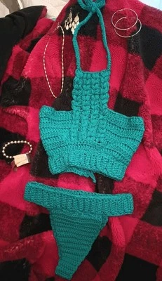Crochet Homemade Beautiful Aqua/Teal Bikini Set With Jewelry. - Image 1 of 4