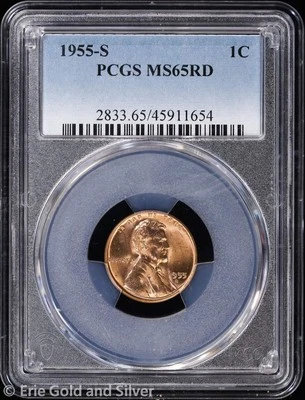 1955-S 1C Lincoln Wheat Cent PCGS MS 65 RD | Uncirculated UNC BU - Image 1 of 4