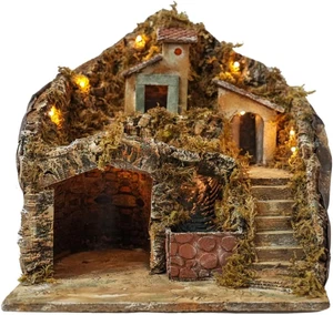 Presepe Completo Illuminato Natalizio Con Capanna E Grotta per Statuine Artigian - Foto 1 di 12