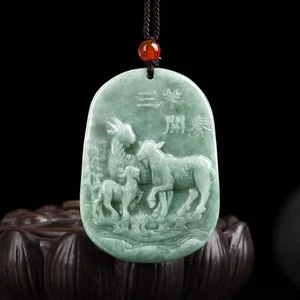 Natural Grade A Jade Jadeite Men Women Gift Lucky Zodiac Three Sheep Pendant - Picture 1 of 8
