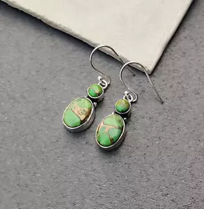 Green Copper Turquoise Earring Natural Gemstone 925 Sterling Silver MO** - Picture 1 of 4