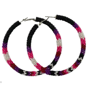 Handmade Beaded Black Pink 3 inch Lever back Hoop Earrings (Black Pink) - Picture 1 of 4