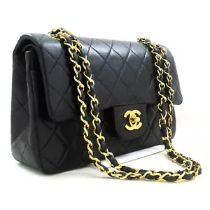 p89 CHANEL Authentic Classic Double Flap 9" Chain Shoulder Bag Black Lambskin - Afbeelding 1 van 19