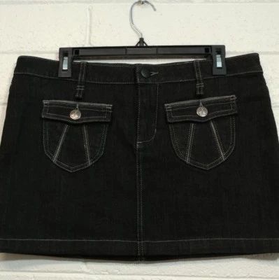  BCBGIRLS MINI DENIM SKIRT Size 31 Black Cute front buttons Guitar Logo pockets  - Image 1 of 4