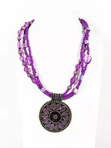 Bronze Tone Purple Medallion Beaded Shell Southwestern Style Statement Necklace - Picture 1 of 7