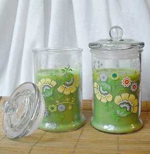 ❀ 2 x Große Kerze Deko-Glas mit Deckel Sommer Windlicht Blumen Grün 15cm #68 - Bild 1 von 3