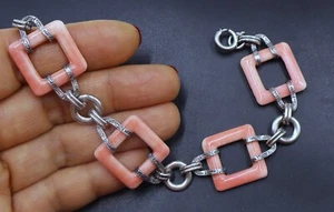 Vintage marked sterling silver & square shape soft pink enamel link bracelet - Picture 1 of 10