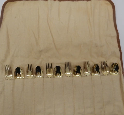 6 Settings J. Tostrup Sterling + Enamel Dessert Set/ Gold Wash - LM91 Cover