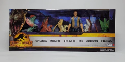 Mattel Jurassic World Dominion Set of 6 Owen Action Figure & Dinosaurs (New) Cover