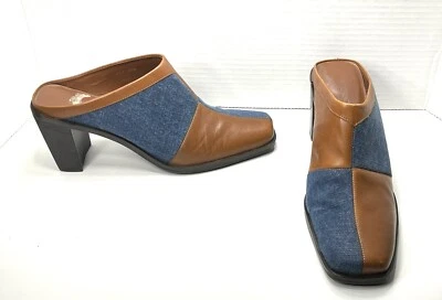 Vintage Denim & Brown Leather Checkered Mule Heels Women’s Size 8 US Worthington - Image 1 of 4