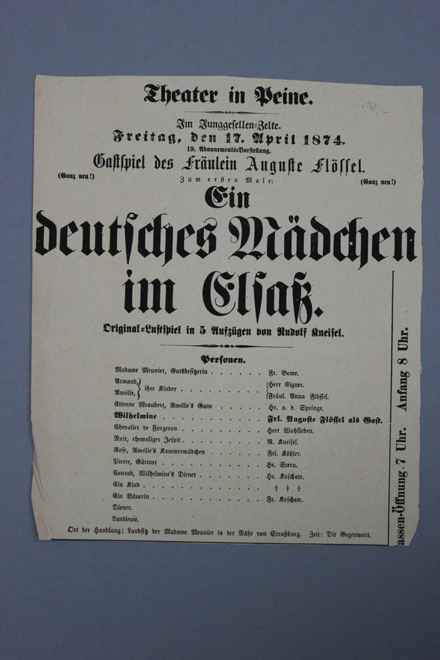 Theater in Peine Theaterzettel 1874 - Ein deutsches Mädchen im Elsass - Bild 1 von 1