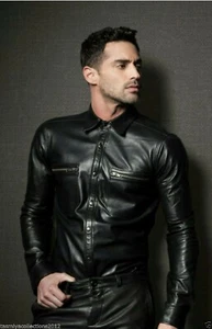 Men's Black Leather Shirt 100% Real Genuine Lambskin Leather Shirt-029 - Picture 1 of 8