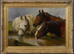 Antigua pintura al óleo maestra de arte animal caballo pájaro sobre lienzo 24"x36" - Imagen 1 de 2