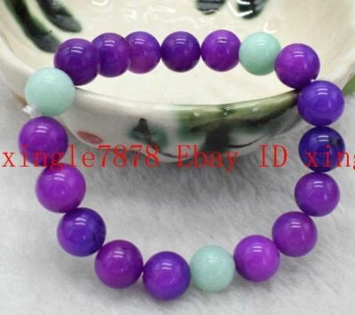 Pulseira elástica redonda moda 10 mm roxa sugilita e água-marinha pedra preciosa 7,5" - Imagem 1 de 4