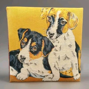 Foxhound Puppy Dogs Tapestry Foot Stool Wood Bun Feet Nailhead Trim - Picture 1 of 21