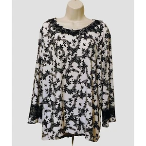 Karl Lagerfeld Shirt XL Black White Floral 3/4 Sleeves Lace Trim Polyester Blend - Picture 1 of 8