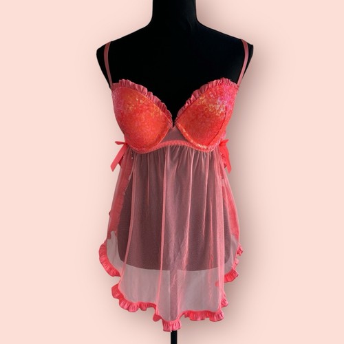 UNDERCOVER Top babydoll Victoria's Secret taglia 34D rosa corallo paillettes abito lingerie Y2K