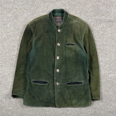 Vintage German Green Suede Button Front Jacket Men L Sun Fade Patina Plaid Lined - Image 1 of 4