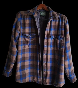 Chaqueta de Franela a Cuadros Woolrich Para Hombres M Acolchada Forrada Marrón Azul Y2K Camping Senderismo - Imagen 1 de 13