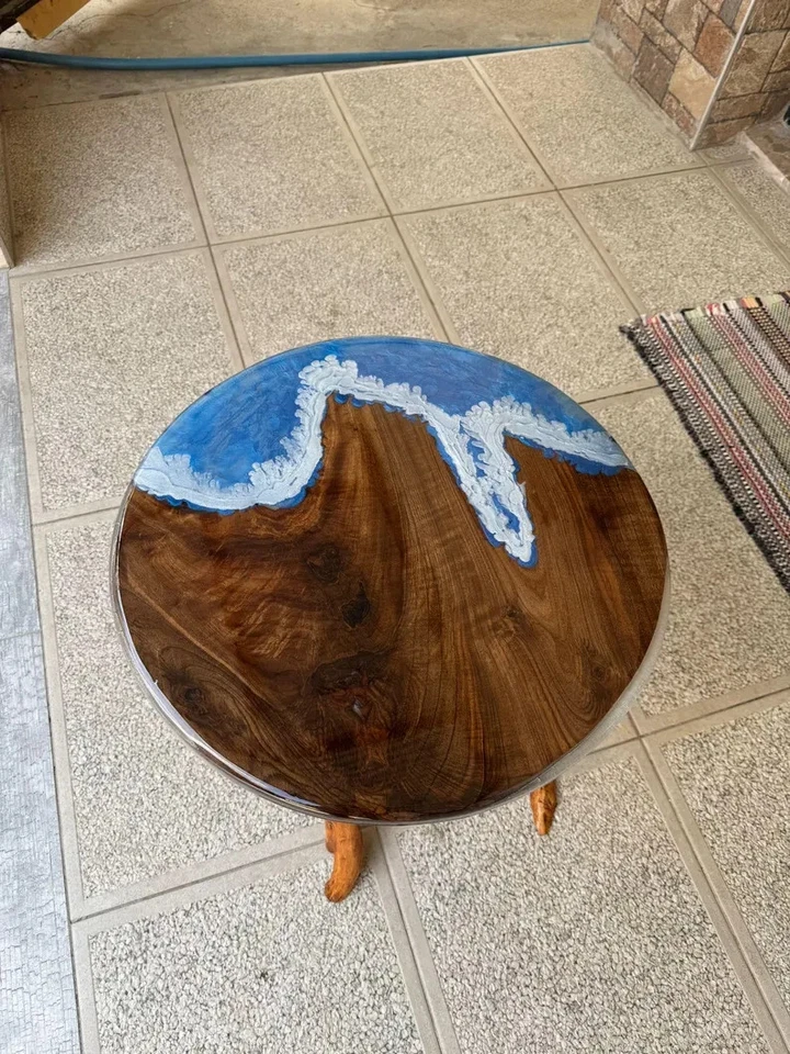 Walnut & Blue Epoxy Side Table Top Ocean Wave Resin Coffee Table Top - Image 1 of 4
