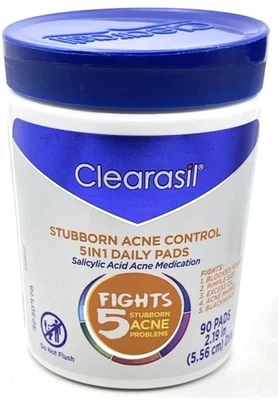 1 件装 90 克拉 Clearasil Fights 5 合 1 日常清洁垫顽固痤疮控制-全新 — 第 1/4 张图片