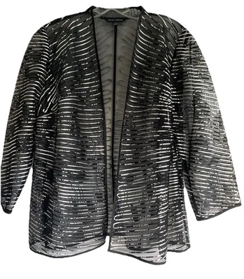 Ming Wang New Black Mesh Satin Soutache Sheer Elegant Jacket L - Image 1 of 4