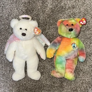2- TY Beanie Baby "RARE" Peace Bear Plush 1999 Tie-dyed & HALO Angel 12’ W/TAGS - Picture 1 of 10