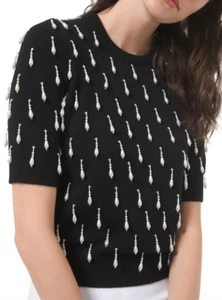 Michael Kors Collection Black Cashmere Pearl Embellished Short Sleeve Sweater - Picture 1 of 9