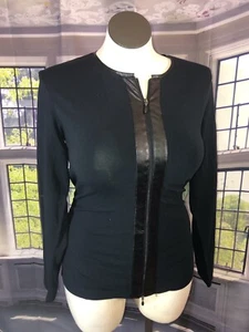 Jockey L NWT Womens Black Zip Up Cardigan Sweater Jacket Faux Leather Trim - Picture 1 of 12