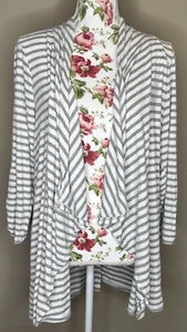 Maurices Cardigan Womens Plus Sz 2X White Gray Striped Lace Up Back Open Draped - Picture 1 of 7