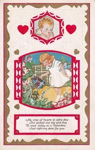 Vintage 1900s Postcard Valentines Greeting Girl Watering Flowers In Garden Heart - Picture 1 of 2