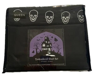 Embroidered Black 6 Piece Bed Sheet Set Queen Size Skulls Halloween Gothic NEW - Picture 1 of 2