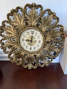 1976 Hollywood Regency MCM Burwood gold large Wall Clock 23" - works! - Picture 1 of 17