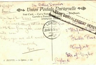 Tarjeta EGIPTO PRIMERA GUERRA MUNDIAL *DEPÓSITO CONVALECENTE DE LUJO* ¿Soldado? GB IOW 1915 MEDICAL EP158 Foto 1 de 4