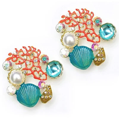 2pcs Brooch Orange Pink Red Coral Blue Gold Shell Beach Nautical Pearl Retro Pin Foto 1 de 4
