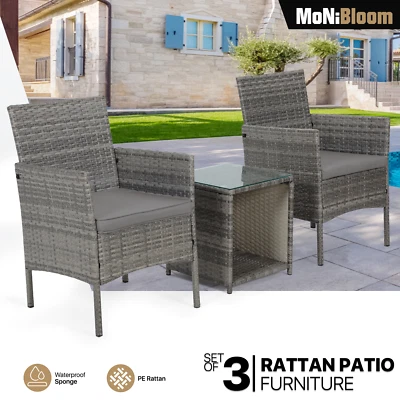 3 Pcs Wicker Furniture Set PE Rattan Chairs&Tempered Glass Table w/White Cushion - Image 1 of 4