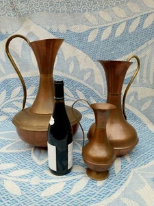 3 x Vintage Copper J& Brass Jugs Vases Antique ~ 44cm, 36cm & 24cm Very Large  - Picture 1 of 10