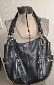 B. Makowsky Leather Hobo Alice Soft Black Biker Satchel Purse Metal Chains Bag - Picture 1 of 12