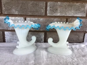 Milk Glass Cornucopia Horn Candleholder Vase Blue Ruffle Edge - Picture 1 of 5