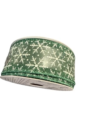 Place & Time Holiday Pine Wired Ribbon 1.5" X 10 Yards Green White Snowflakes - Image 1 of 4