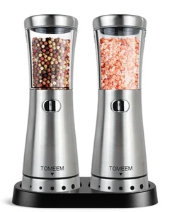 Electric Salt and Pepper Grinder Set with Storage Base, Stainless Steel Recha... - Picture 1 of 9