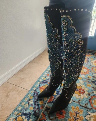 Mujeres Punta puntiaguda Tacones de aguja Tacones altos Sobre la rodilla Botas Joyas Club Nocturno Zapato Foto 1 de 4